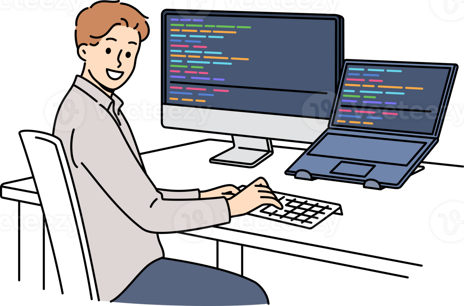 homem programador tipos código e parece às Câmera, sentado às mesa com computador e computador portátil. bem sucedido cara programador desenvolve Programas ou aplicativo, trabalhando dentro equipe com ui ou ux designers png