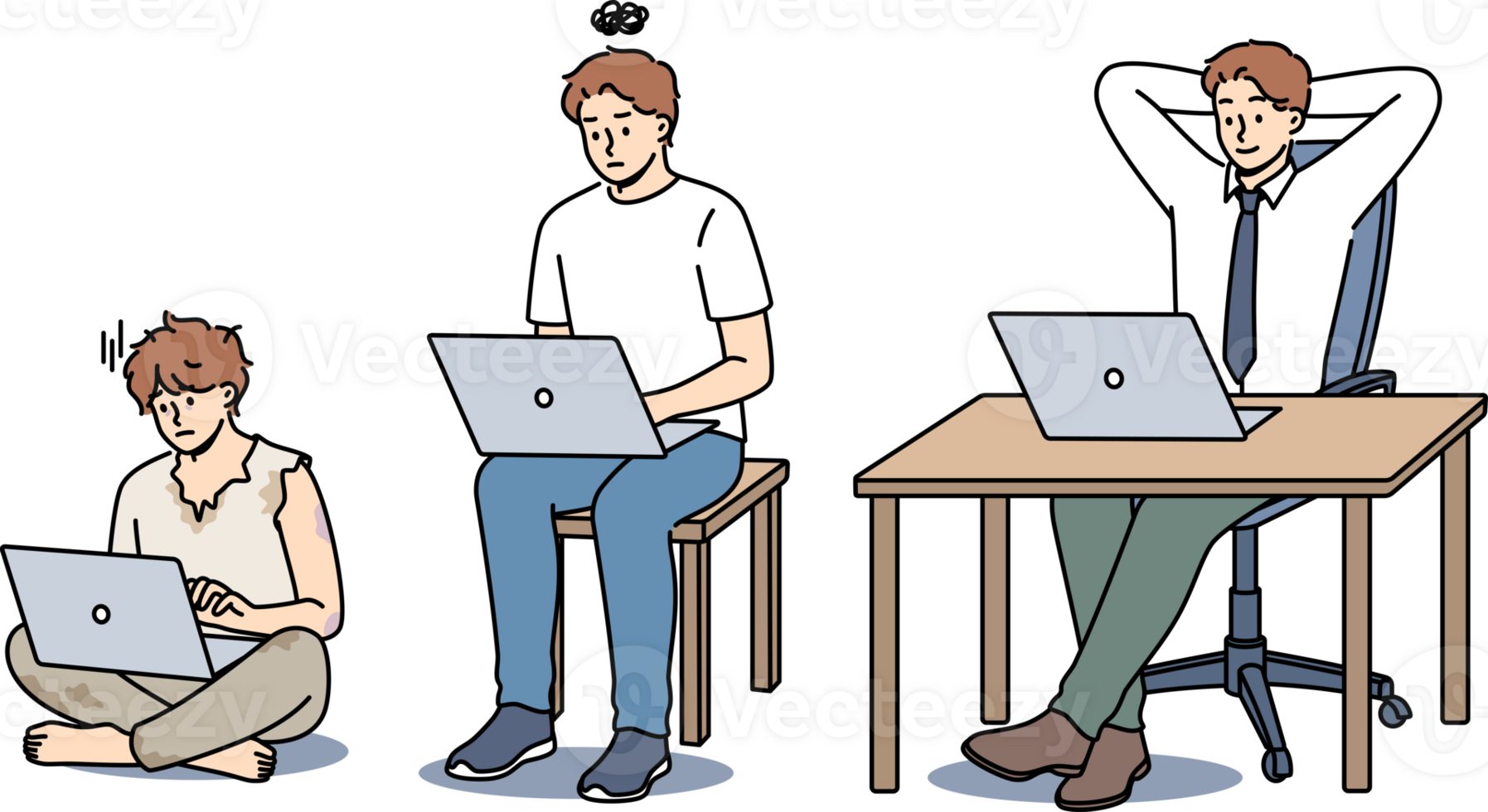 Evolution of man office clerk using laptop, gradually turning into successful manager. Primitive man with computer work hard and become happy office worker thanks to ambition and motivation png