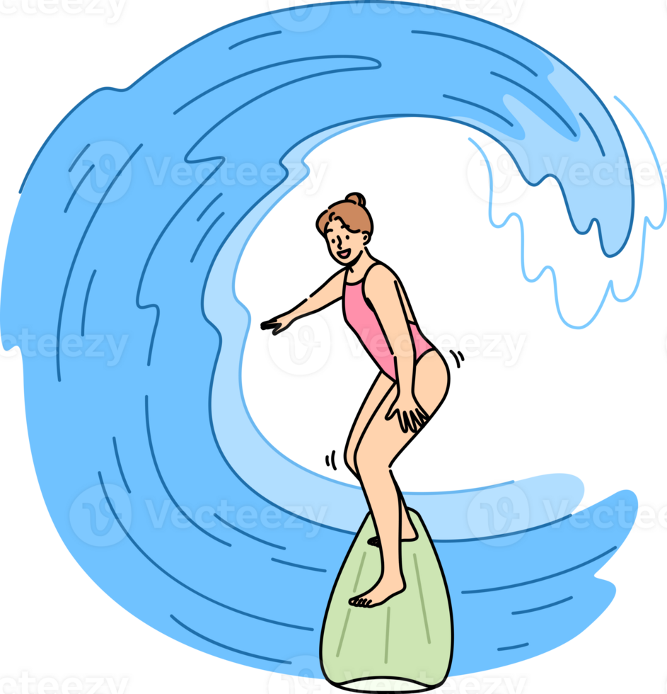 Woman surfer rides waves on surfboard, enjoying active summer holiday at seaside resort. Girl surfer does extreme sports during vacation, wanting to get adrenaline rush from surfing. png