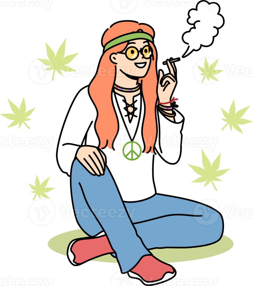 Hippie woman smokes cannabis sitting on summer lawn, enjoying participating in rastafarian community. Young hippie girl in casual clothes uses hashish and cannabis to relax and improve mood. png