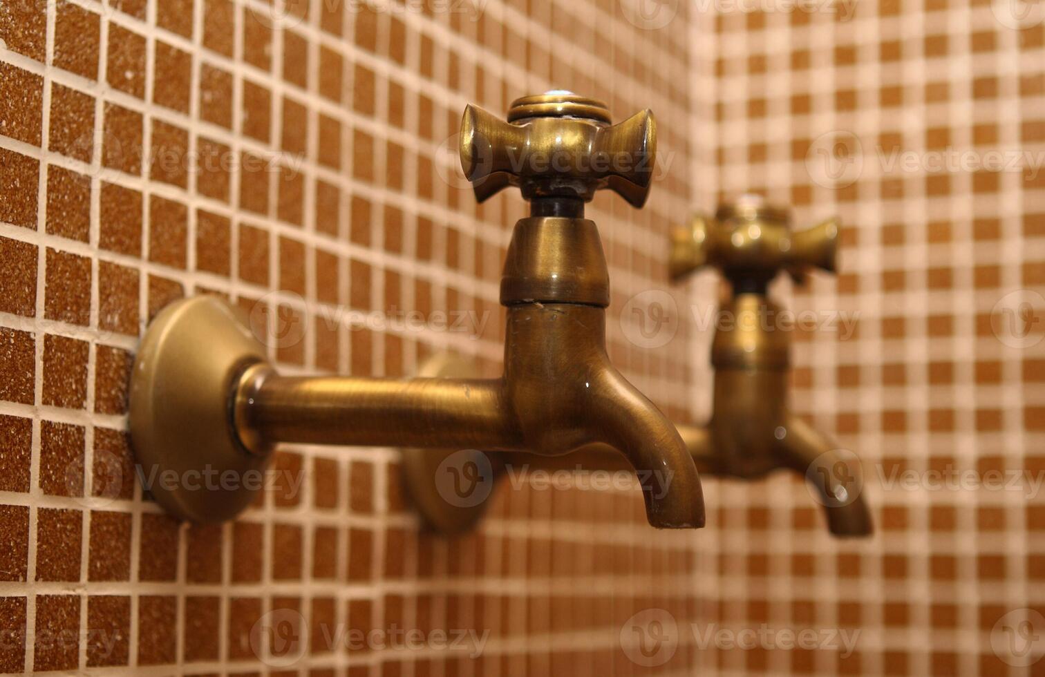 a pair of brass faucets on a wall photo