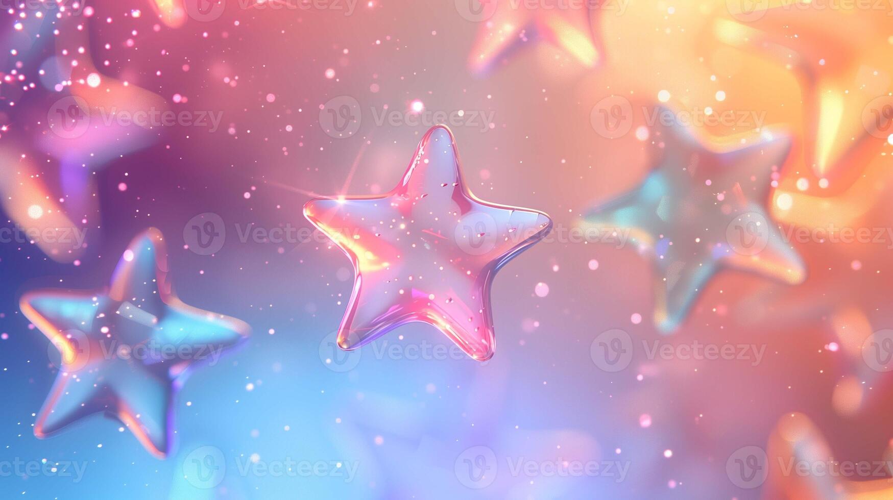 Transparent glass stars falling down 3d rendering image. Crystals creating festive mood and atmosphere background wallpaper colorful realistic. Dreamlike decor concept idea photo