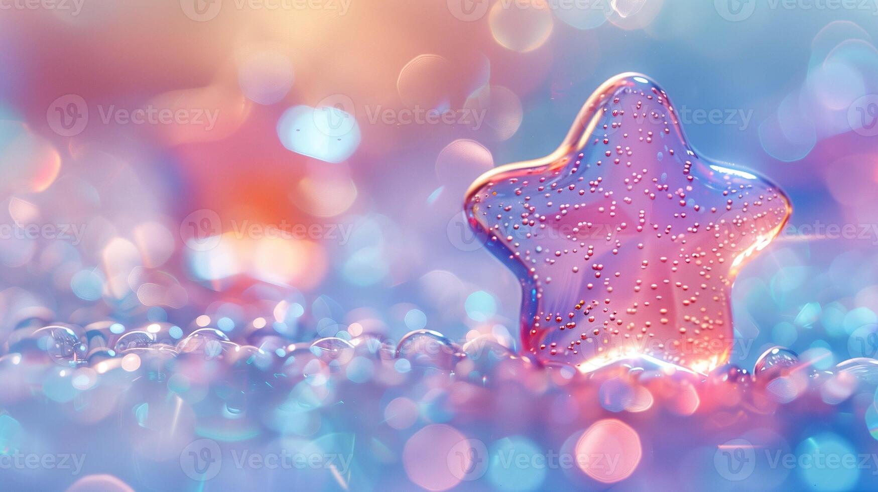 Rounded glass star with air bubbles and bokeh lights image copy space. Holiday celebration ornament banner background blurred. Festive decoration concept photography copyspace photo