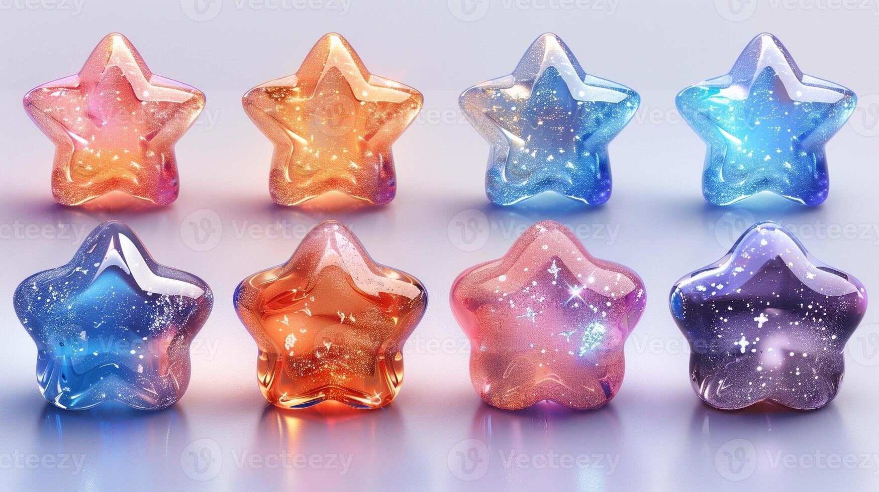 Shimmering glass stars with glitter collection 3d rendering image. Translucent plastic items for craft background wallpaper colorful realistic. Rewards for best concept idea photo