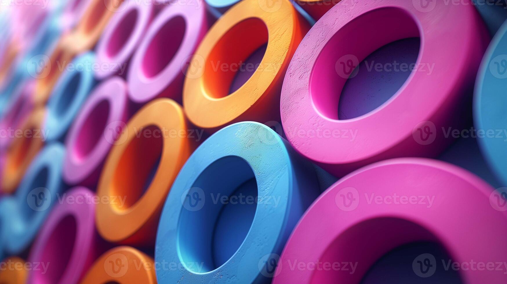 Multicolor rings tightly arranged in ornament closeup 3d rendering image. Vibrant composition with geometric shapes background wallpaper colorful realistic. Decoration concept idea photo