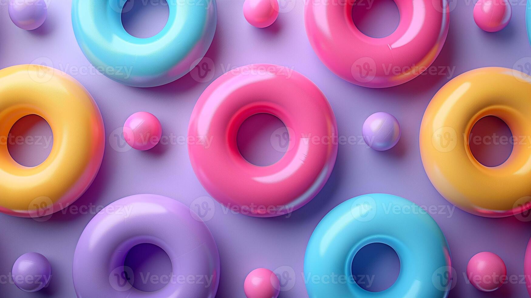 Vibrant bagels and beads pattern top view 3d rendering image. Composition with rings and balls on purple background wallpaper colorful realistic. Design style concept idea photo