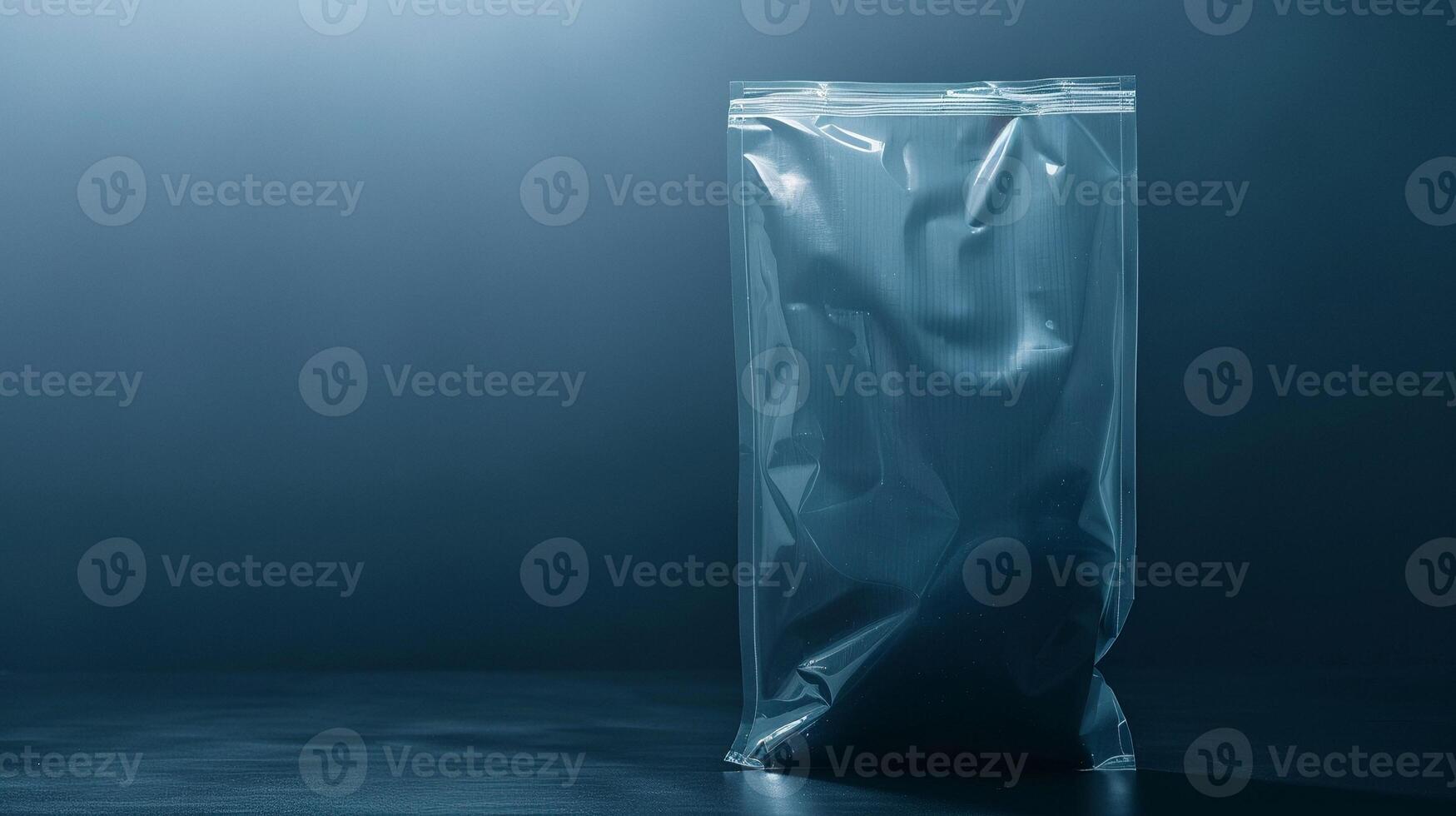 Transparent resealable plastic bag mockup stands upright against dark blue. Minimalist light translucent bag template advertising image. Sealed packaging mock up product photorealistic photo
