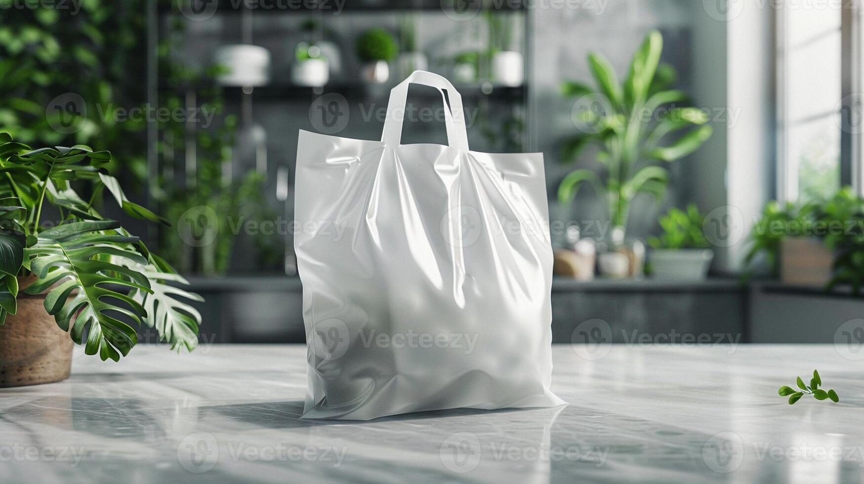 White plastic shopping bag mockup rests on marble countertop plants kitchen. Soft light and greenery package template advertising image. Shoppingbag mock up product photorealistic photo