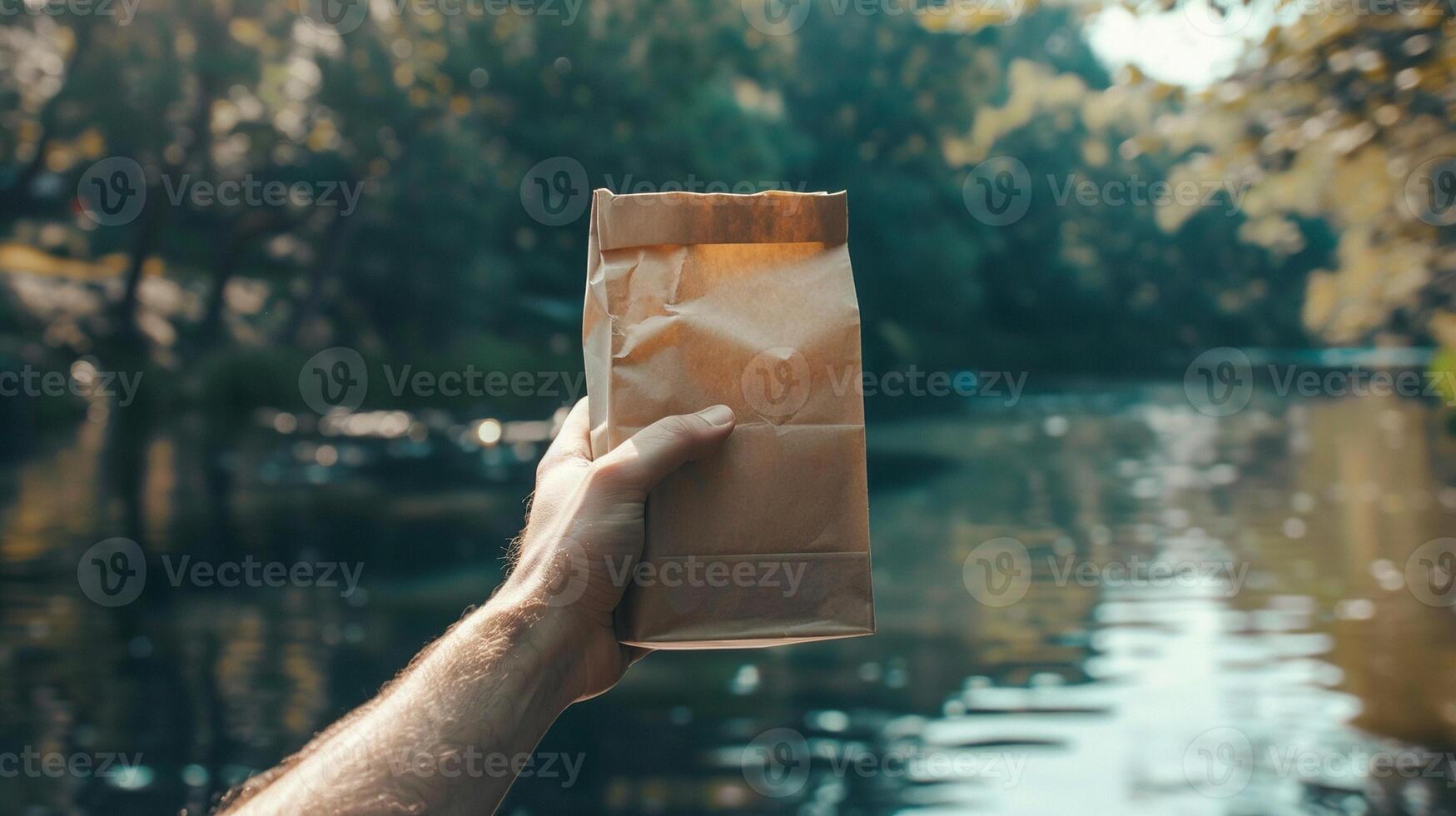 Man holding brown paper bag mockup in front of serene river. Sustainable paperbag template advertising image. Eco-consciousness and natural package mock up product photorealistic photo