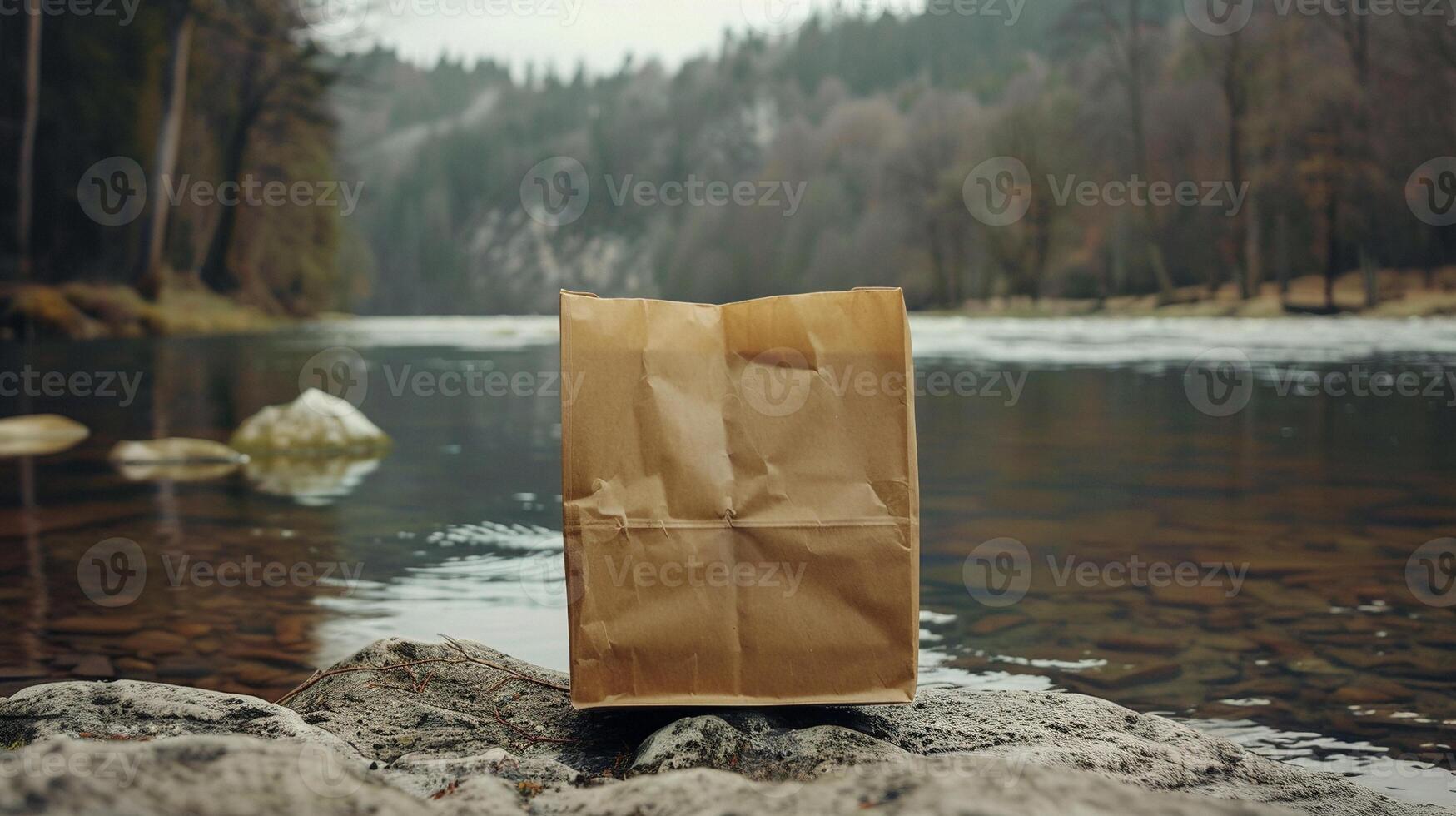 Brown paper bag mockup on rocks by calm river with misty forest backdrop. Sustainable paperbag template advertising image. Environmental consciousness package mock up photorealistic photo