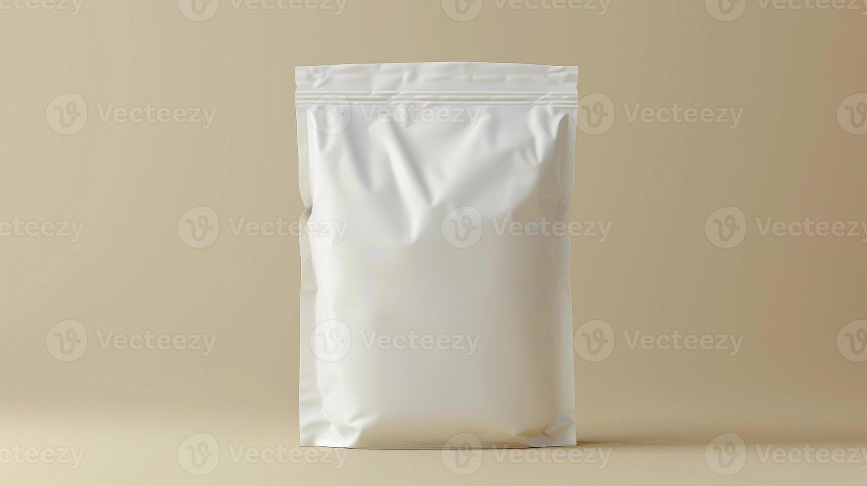 Matte white packaging pouch mockup with sealed top on beige background. Minimalist retail package template advertising image. Food storage. Zipper bag mock up product photorealistic photo