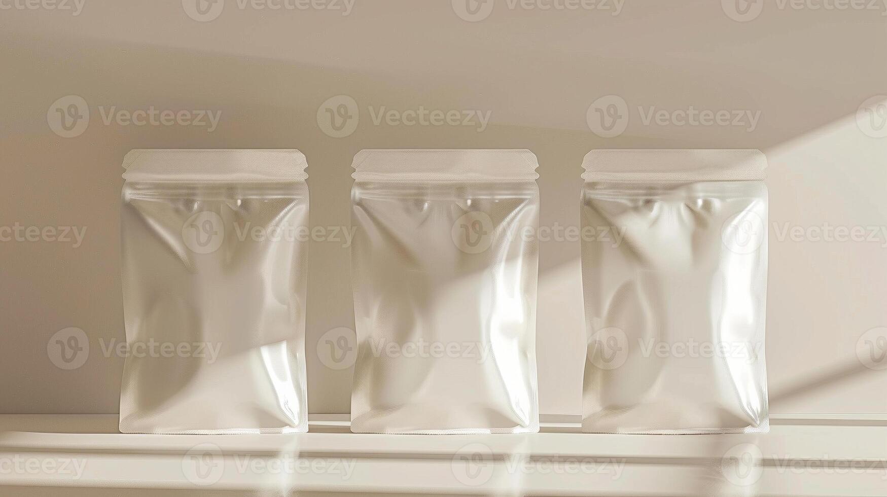 Three glossy packaging pouches mockup in natural light casting shadows. Retail sealed packages template advertising image. Food storage. Zipper bags mock up product photorealistic photo