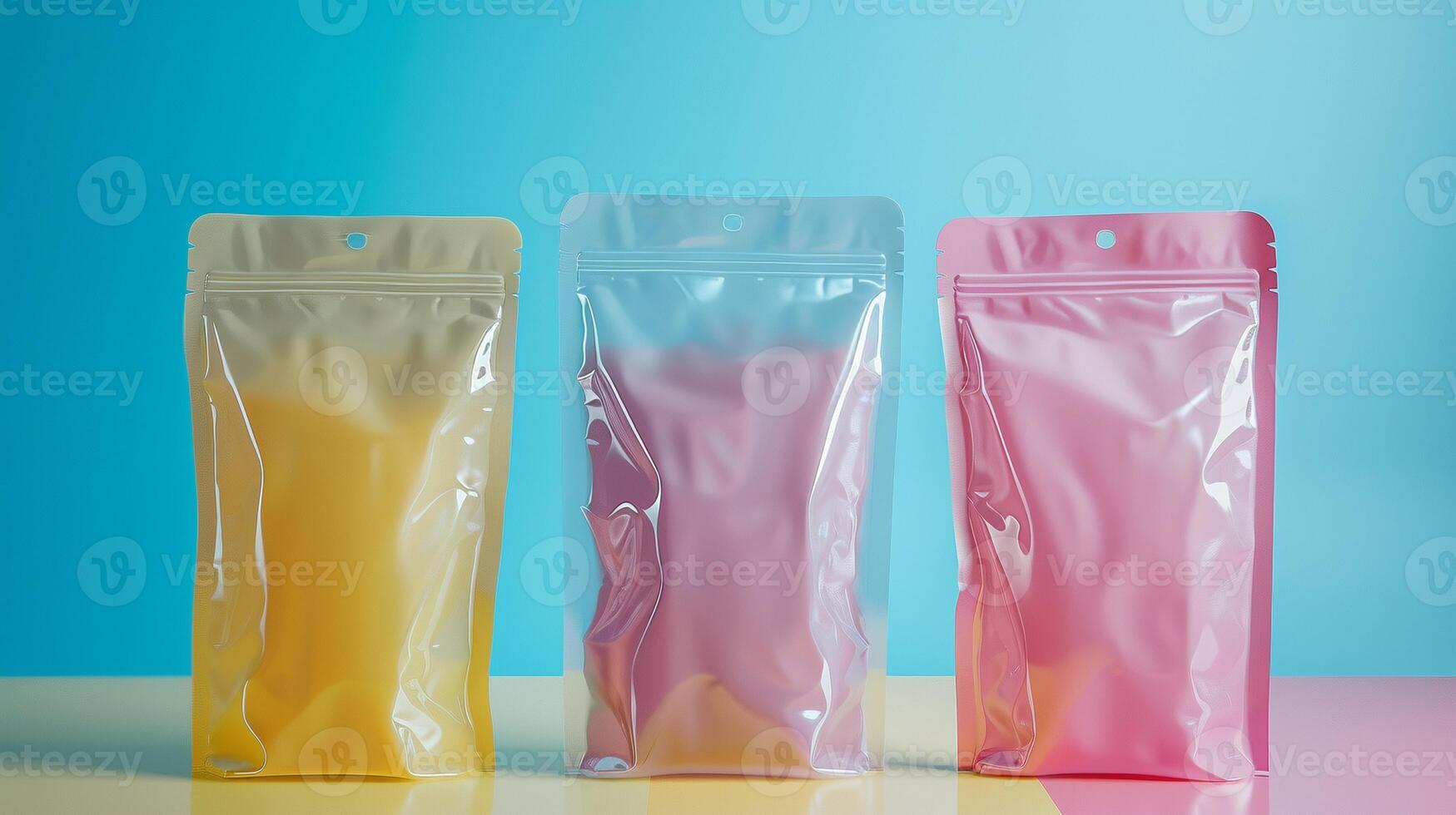 Three colorful packaging pouches mockup arranged on vibrant background. Retail sealed packages template advertising image. Food storage. Zipper bags mock up product photorealistic photo