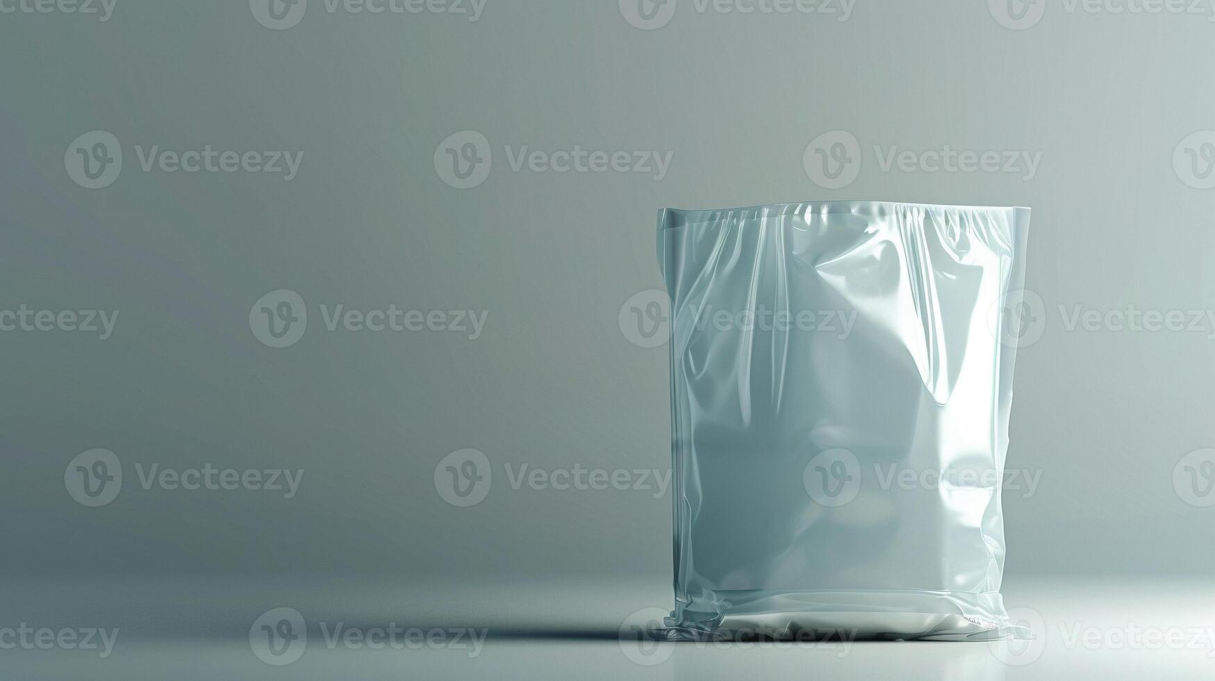 Single glossy white pouch mockup on plain grey background. Sleek packaging. Retail sealed package template advertising image. Food storage. Zipper bag mock up product photorealistic photo
