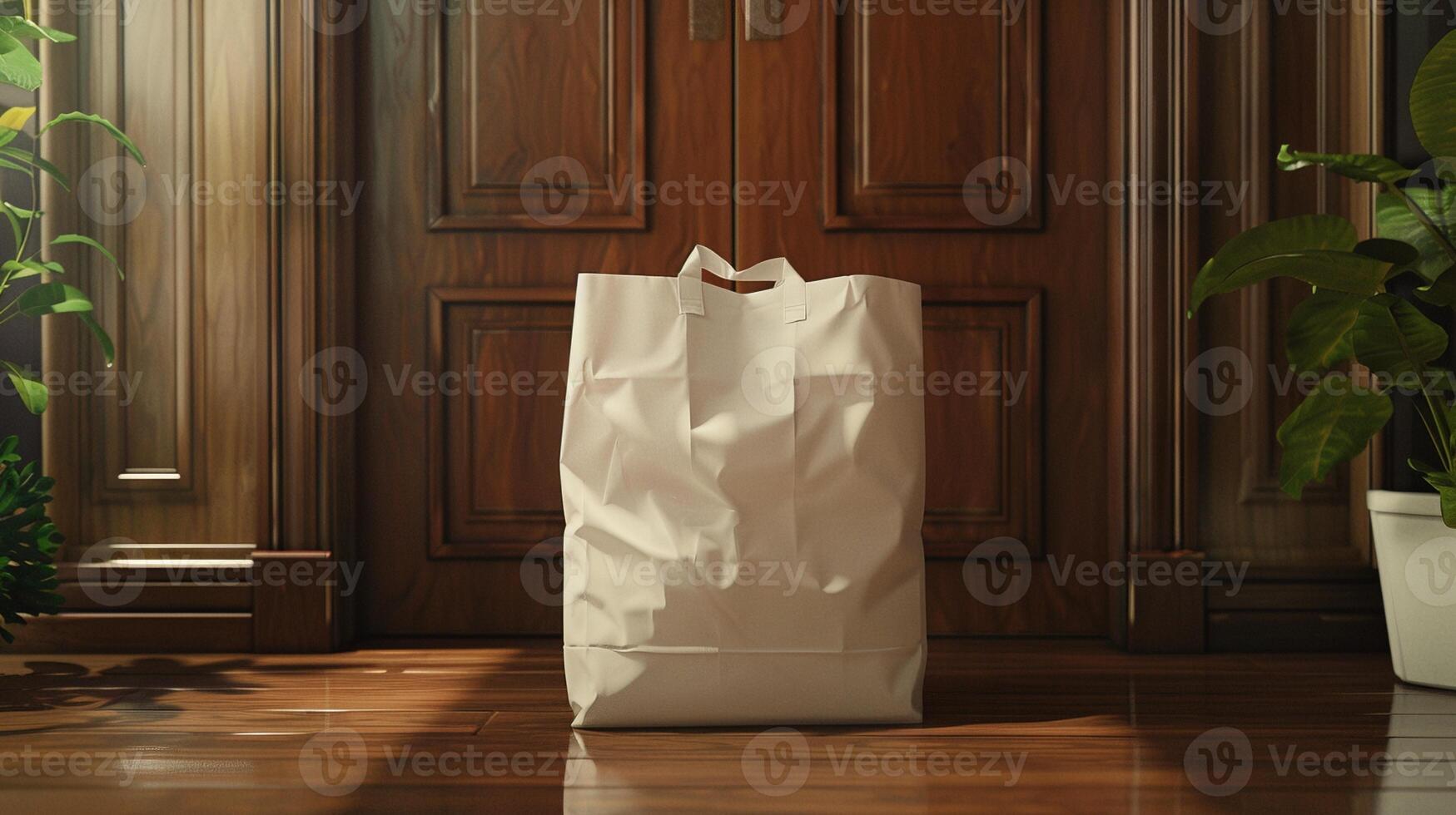 White paper bag mockup in front of wooden door indoors. Plant decor. Eco-friendly paperbag template advertising image. Sustainable lifestyle. Order package mock up product photorealistic photo