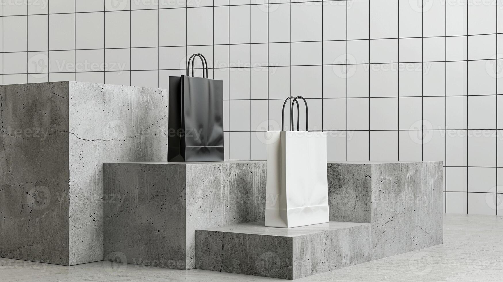 Black white shopping bags mockup elevated on stacked concrete blocks. Monochromatic shoppingbags template advertising image. Tiled wall. Merchandise product mock up photorealistic photo