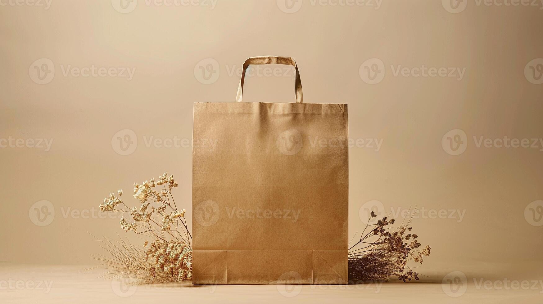 Simple brown paper bag mockup with dried flowers rustic aesthetics. Nature inspired craft paperbag template advertising image. Organic material mock up product photorealistic photo