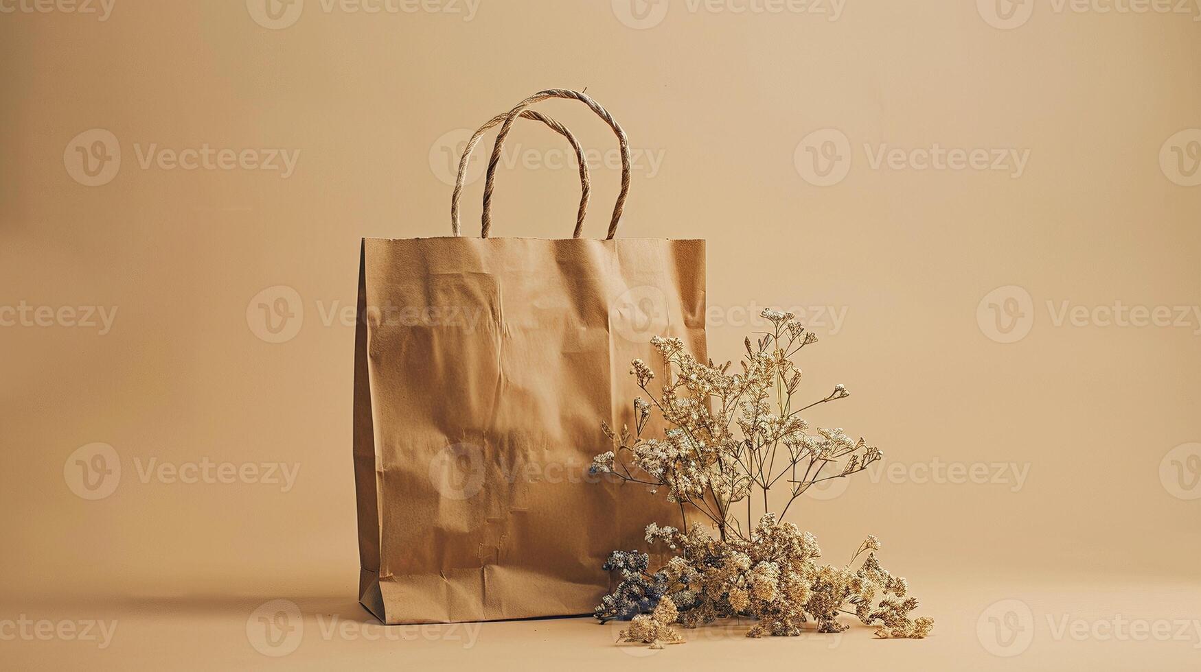 Brown paper bag mockup with dried flowers on beige background. Natural simplicity eco-friendly craft paperbag template advertising image. Organic material mock up product photorealistic photo