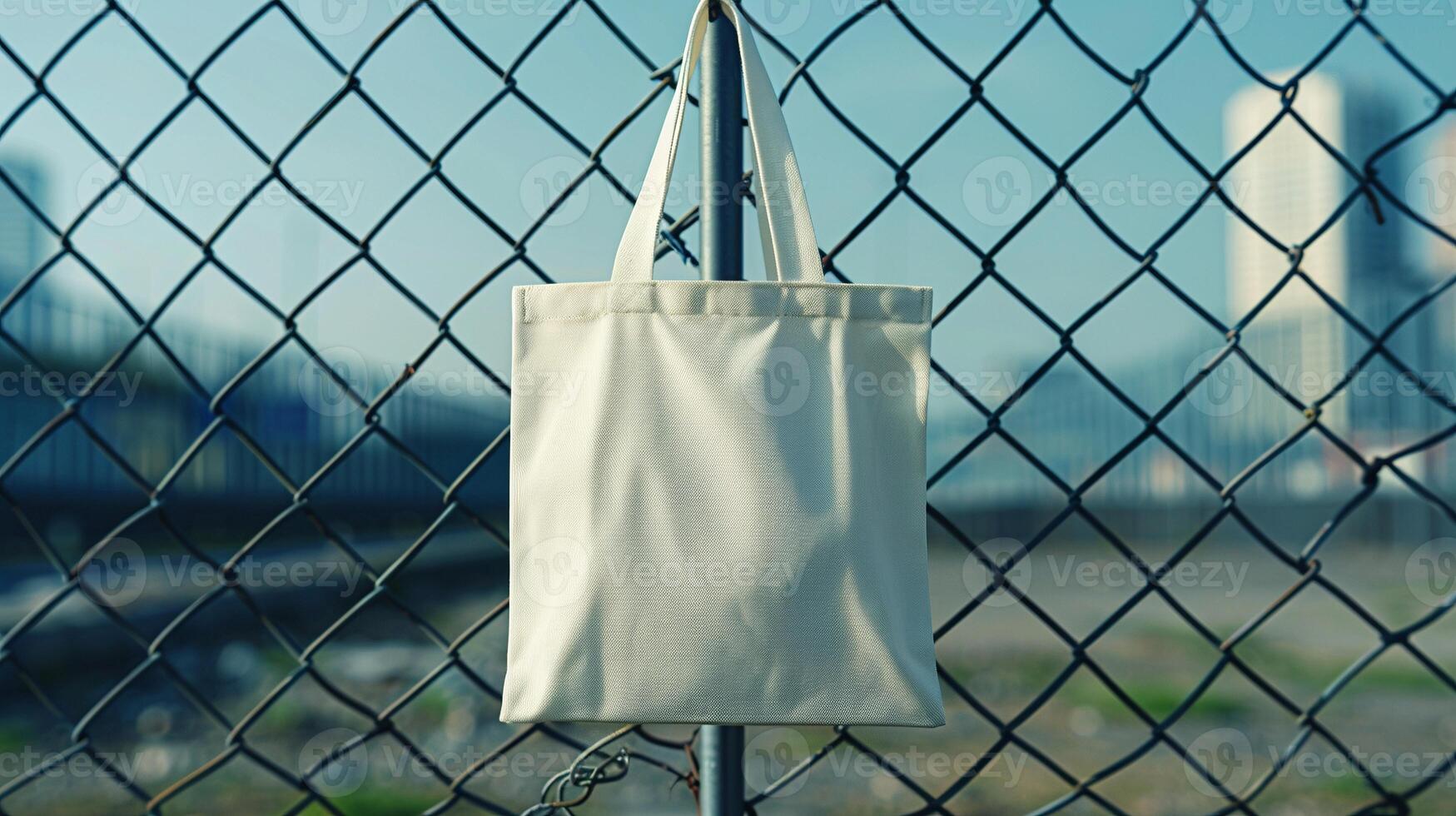 White tote bag mockup hanging from chainlink fence with distant urban skyline. Modern city life totebag template advertising image. Shopper handbag mock up product photorealistic photo