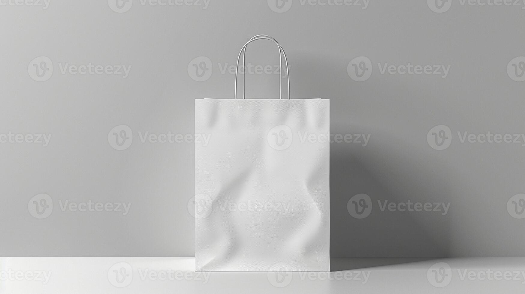 Plain white paper bag mockup against neutral minimalist background. Soft shadow simple paperbag template advertising image. Eco-friendly elegant packaging mock up product photorealistic photo