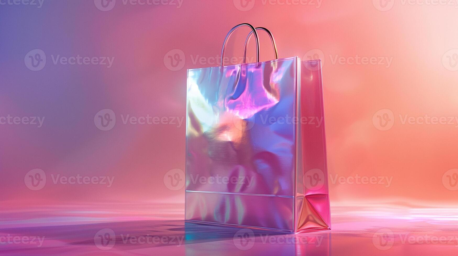 Reflective iridescent shopping bag mockup in soft gradient lighting. Black Friday shoppingbag template advertising image. Glossy texture. Holographic design mock up photorealistic photo