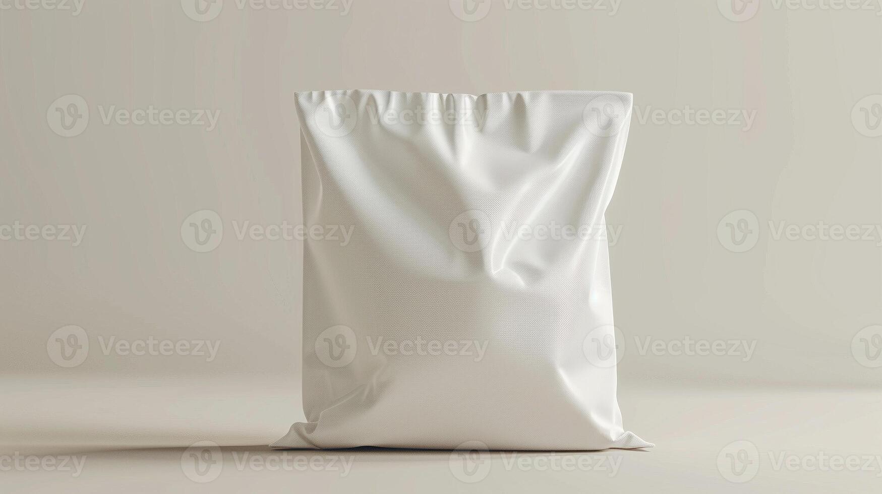 Wrinkled white packaging pouch mockup placed on soft beige background. Retail sealed package template advertising image. Food storage. Zipper bag mock up product photorealistic photo
