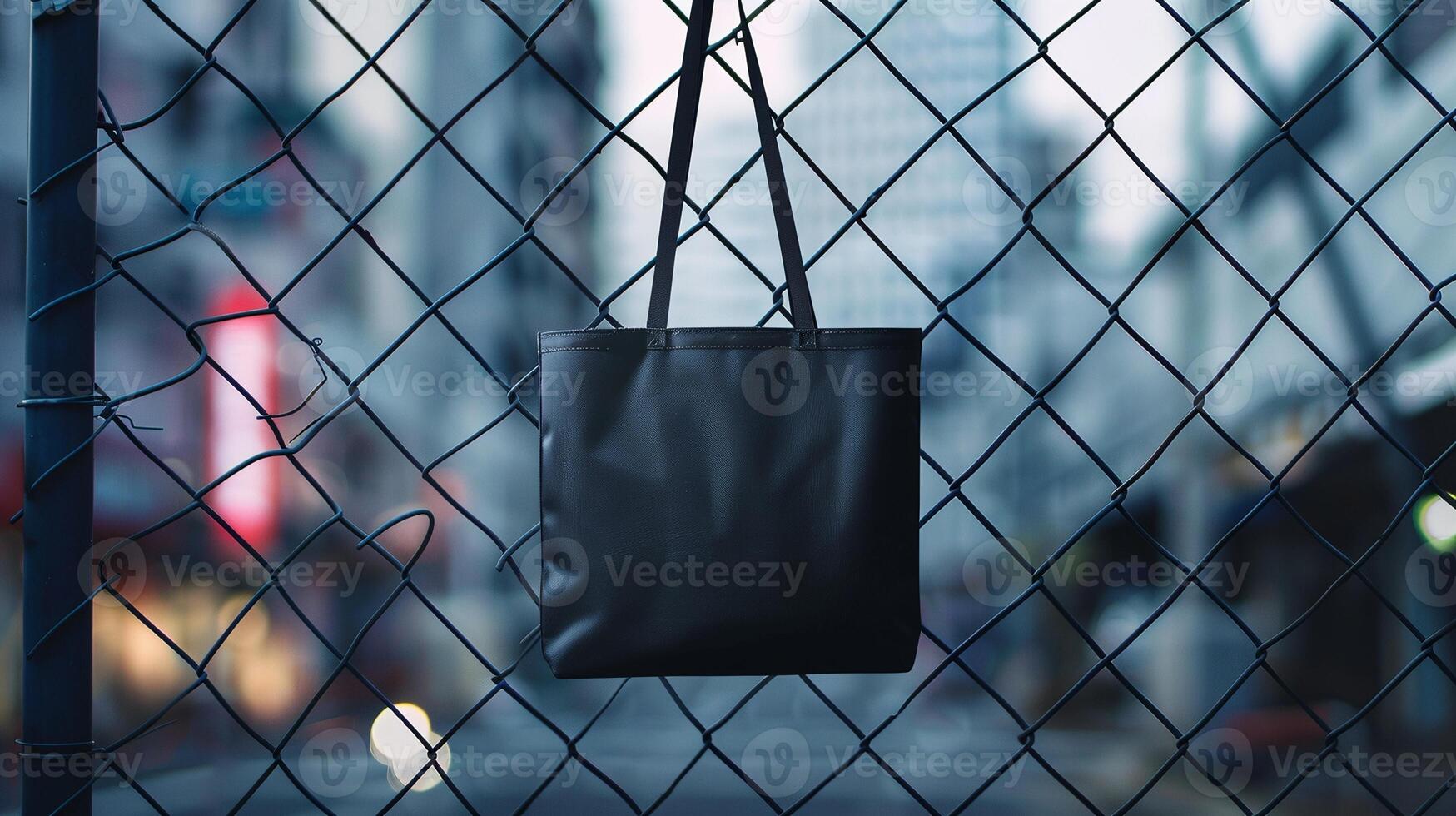Black tote bag mockup hanging on a chainlink fence with blurred city lights. Modern urban totebag template advertising image. Simplicity of accessory mock up product photorealistic photo