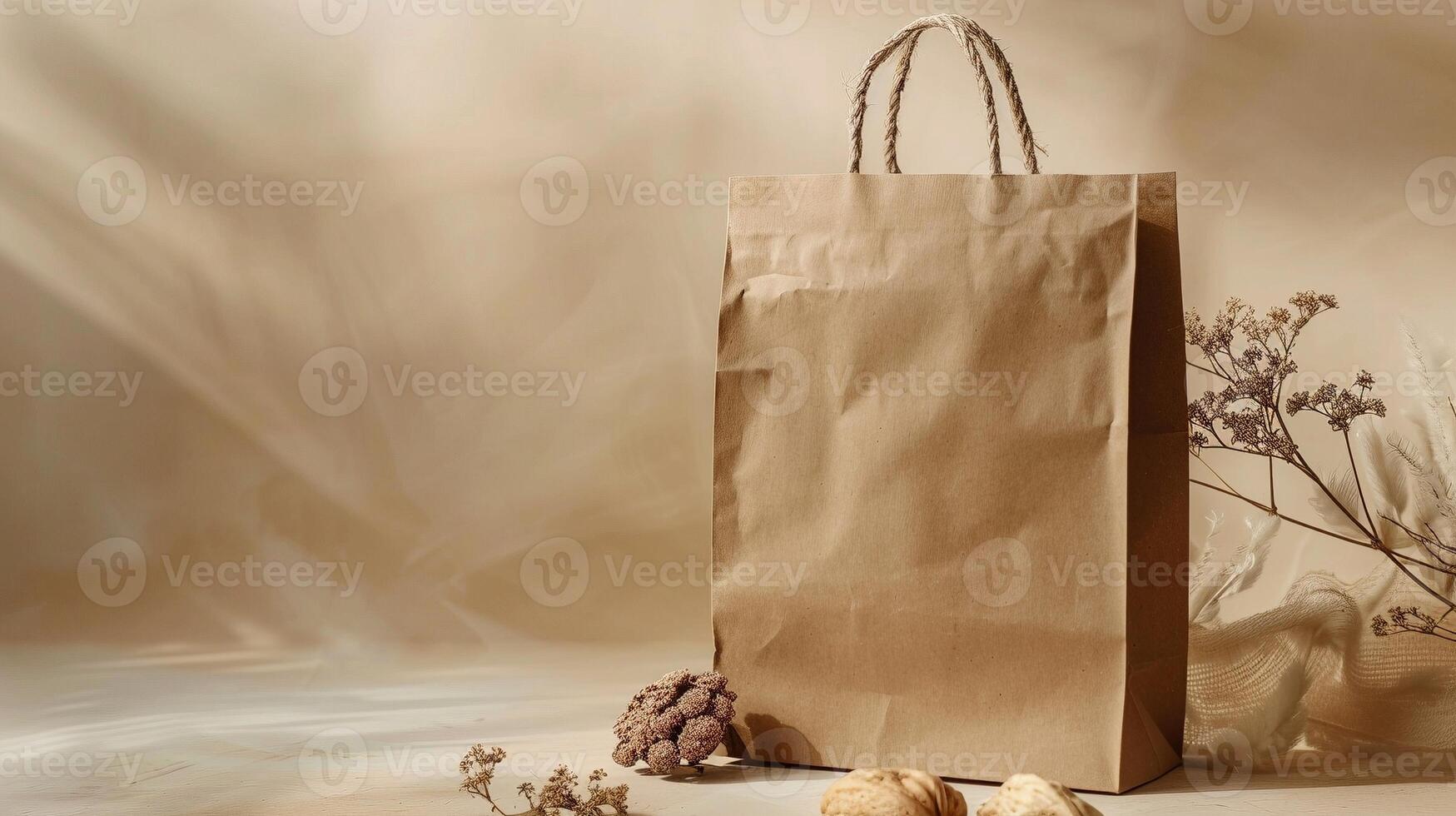 Brown paper bag mockup and dried botanicals in warm tones. Simplicity, sustainability, eco-conscious craft paperbag template advertising image. Organic material mock up photorealistic photo