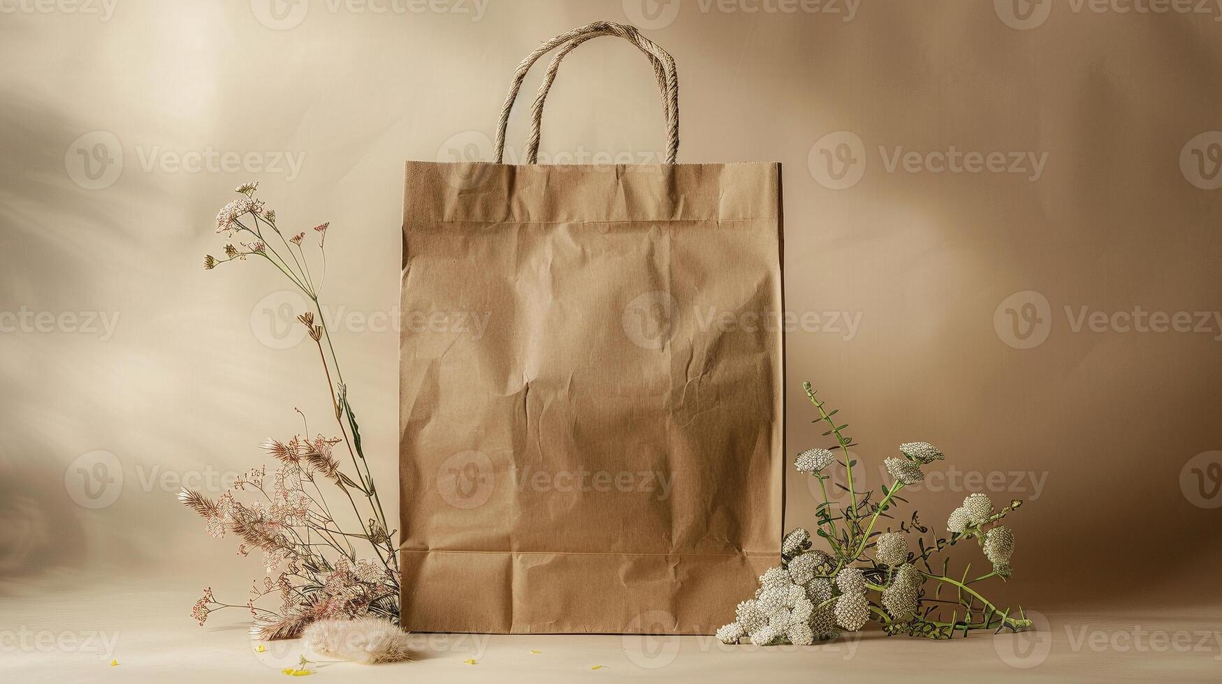 Crinkled brown paper bag mockup with wildflowers on soft neutral backdrop. Rustic natural theme craft paperbag template advertising image. Organic material mock up product photorealistic photo