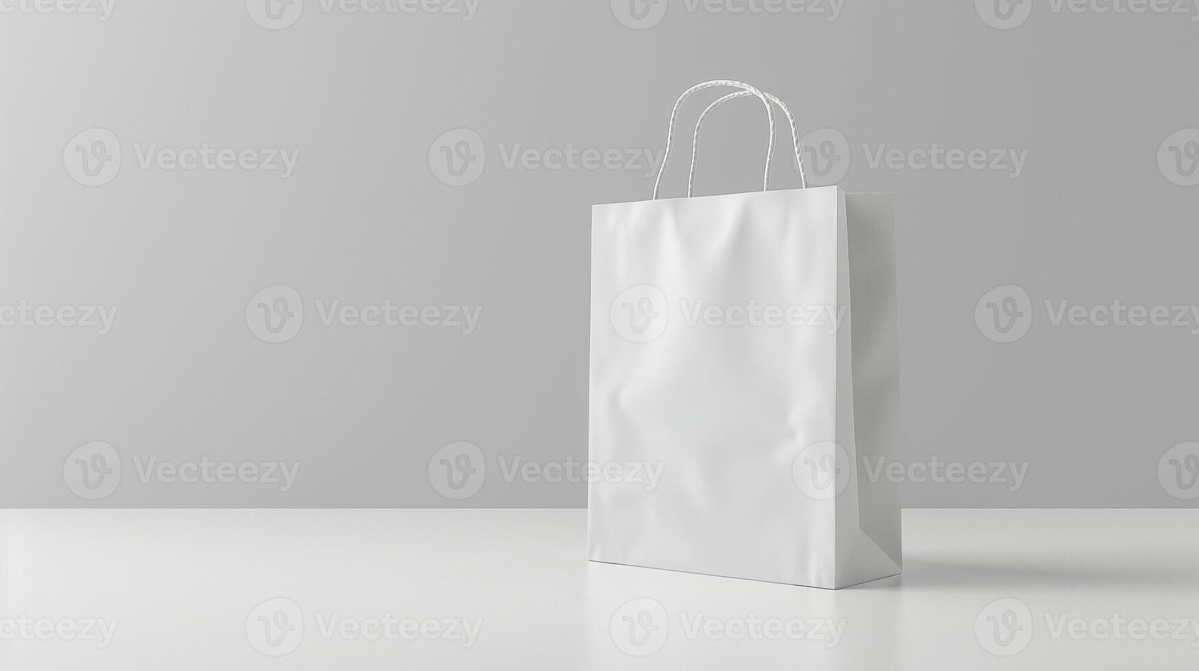 Sleek white paper bag mockup displayed on plain surface with soft lighting. Simple paperbag template advertising image. Eco-friendly elegant packaging mock up product photorealistic photo