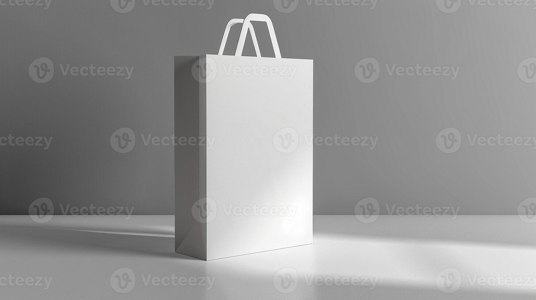 White shopping bag mockup casting soft shadows against neutral gray wall. Minimalist paperbag template advertising image. Eco-friendly elegant packaging mock up product photorealistic photo