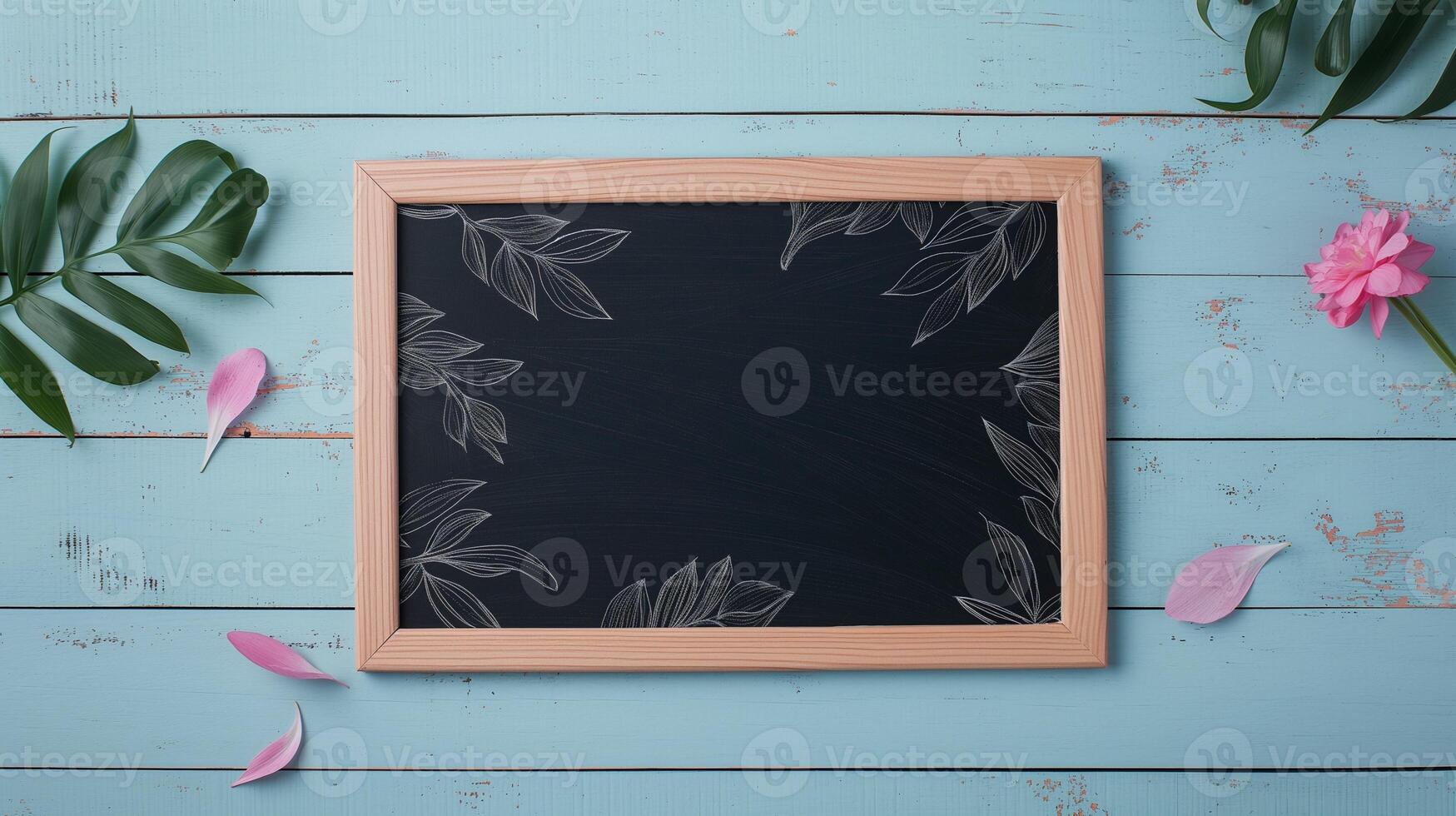 Chalkboard mockup with floral ornament on rustic table. Blackboard with wooden frame template advertising image. Natural decor of school board mock up product photorealistic photo