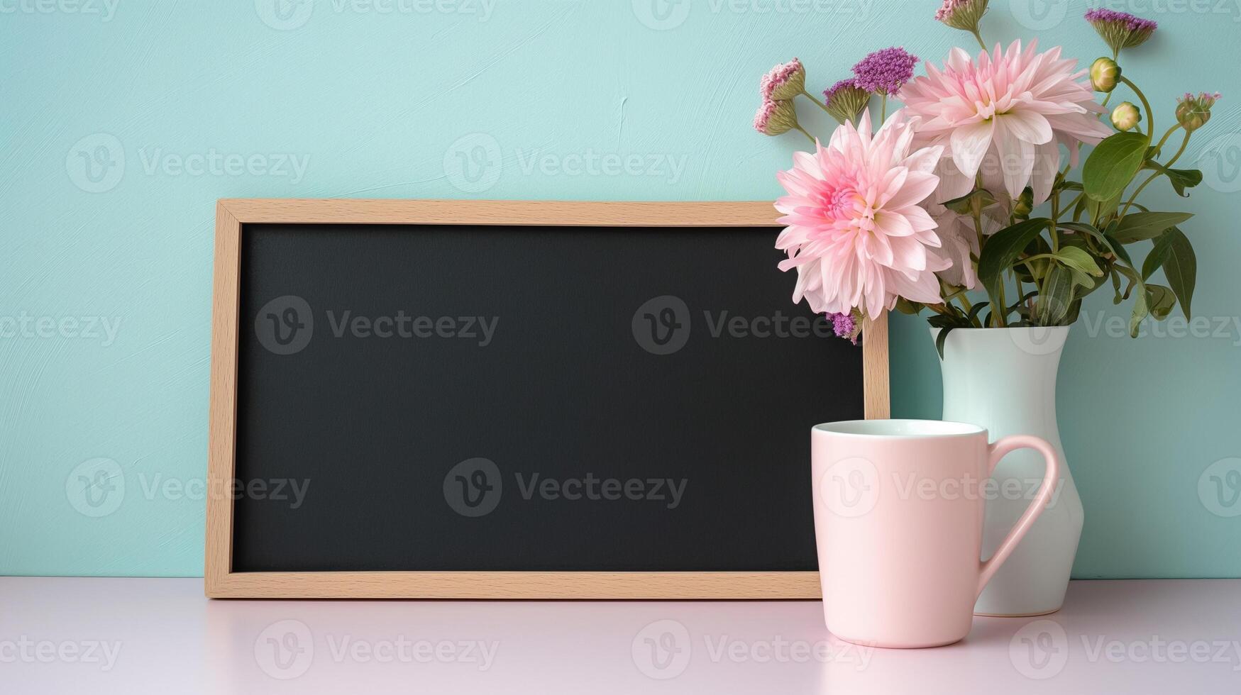 Fresh garden flowers with cup and blackboard mockup near green wall. Elegant composition with board template advertising image. Small chalkboard mock up product photorealistic photo