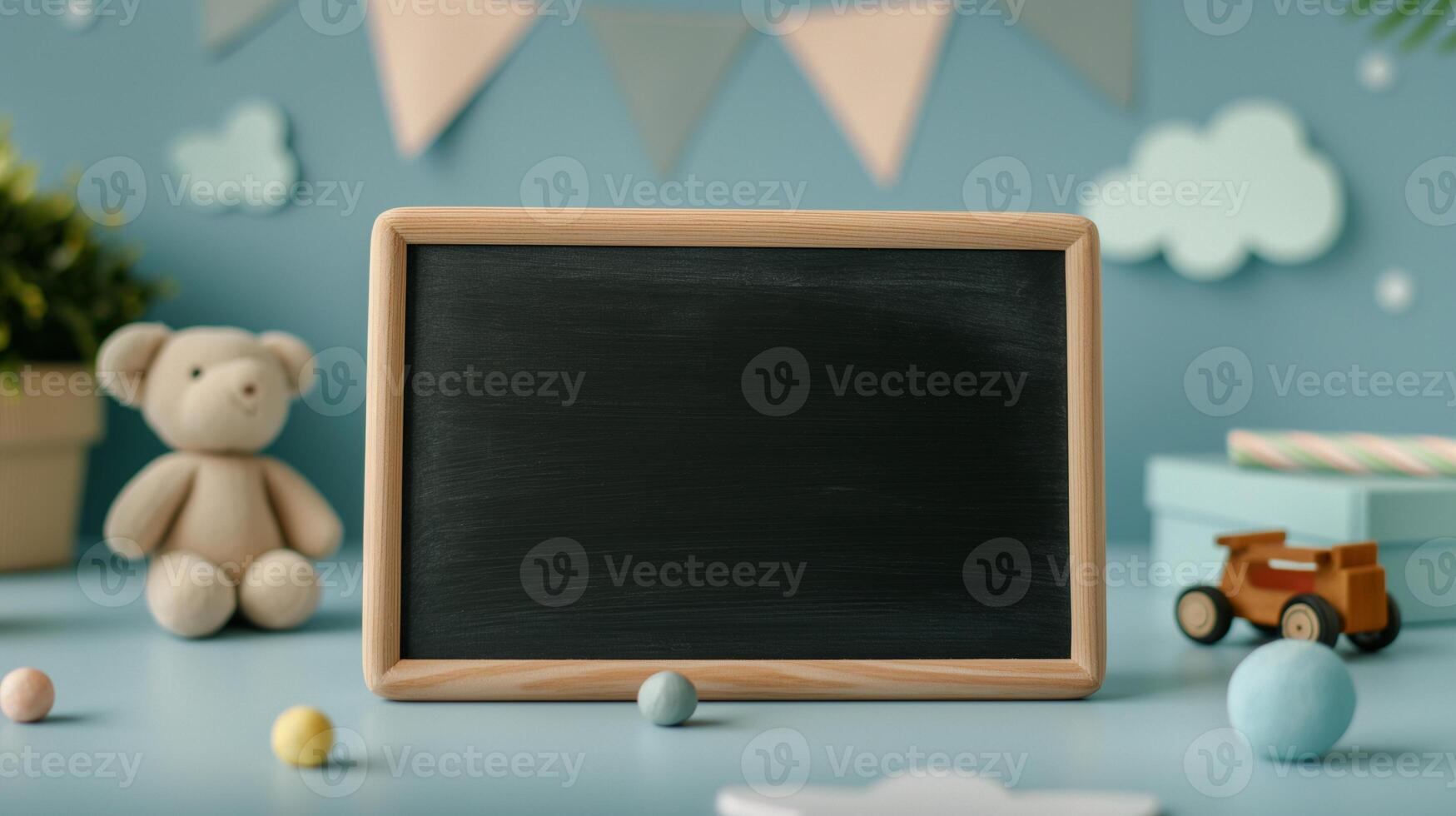 Mockup chalkboard with children room decor. Blank poster for baby holiday event template advertising image. Wooden framed blackboard mock up in daycare design product photorealistic photo