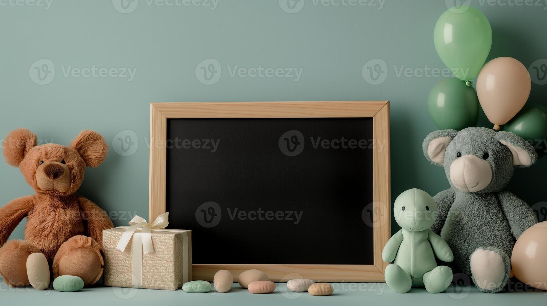 Children festive composition with blackboard mockup. Toys and present near blank signboard template advertising image. Chalkboard mock up in baby party decor product photorealistic photo