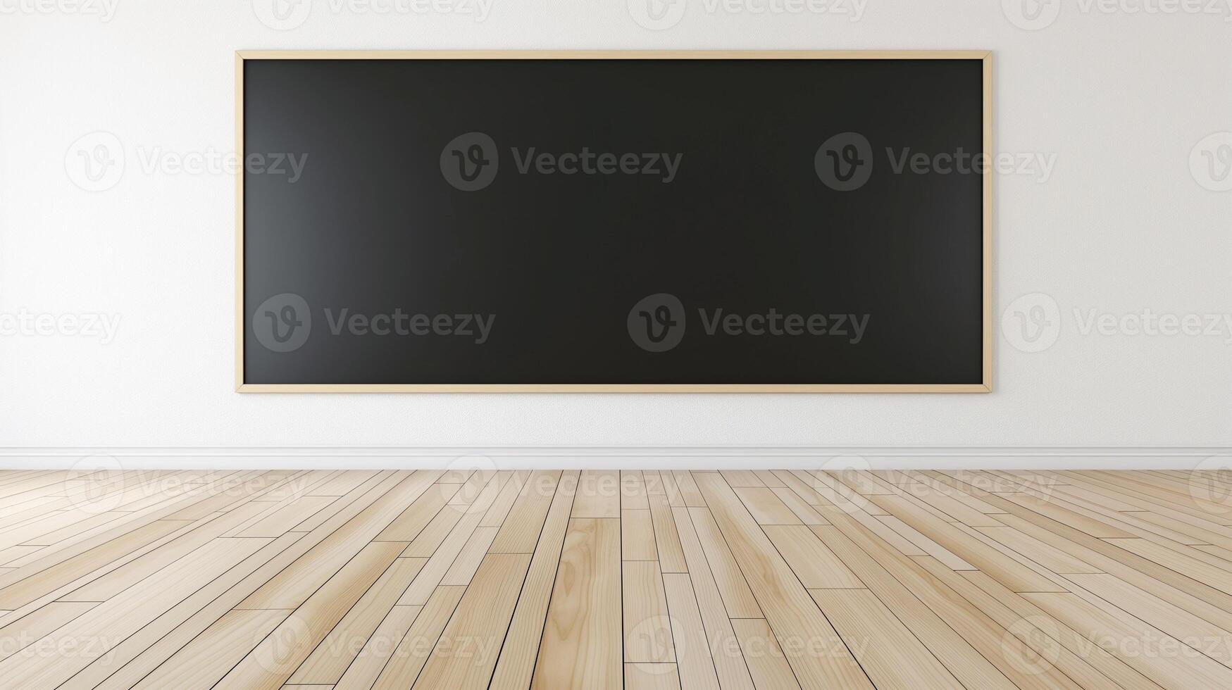 Blackboard mockup hanging in empty classroom. Students teaching supplies information presenting template advertising image. Chalkboard mock up in school product photorealistic photo