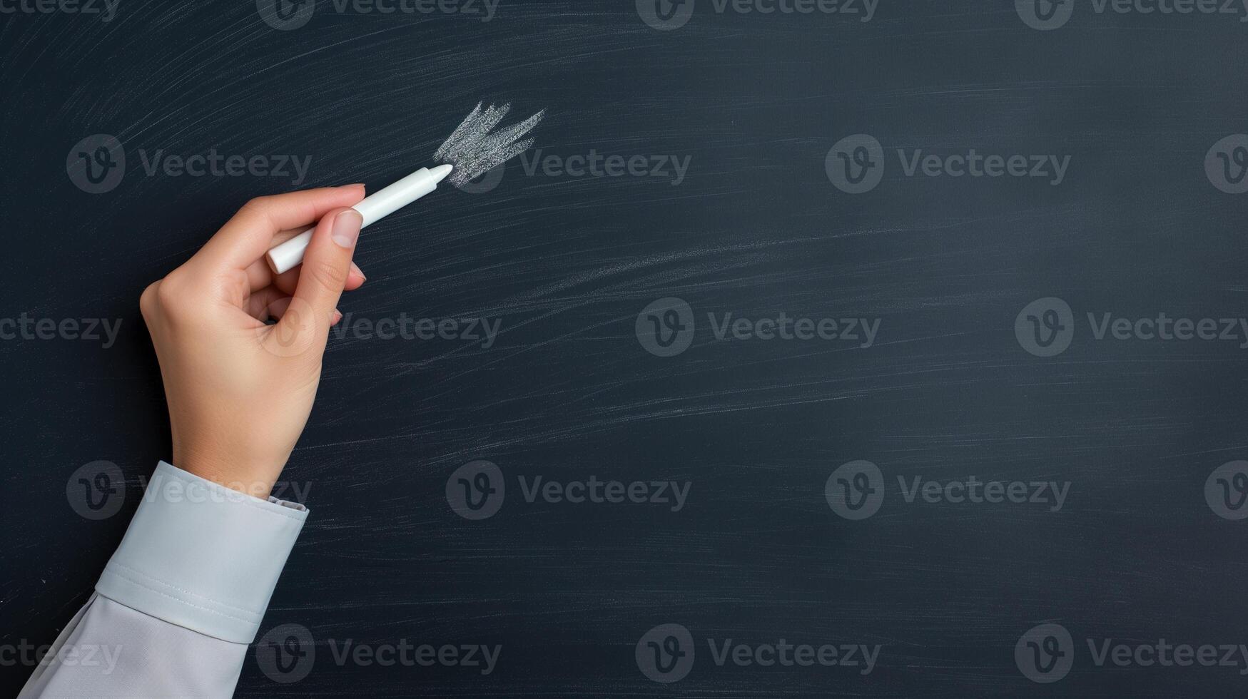 Teacher hand drawing on empty chalkboard banner background copy space. Lefthanded woman writing in classroom image backdrop empty. Education concept composition closeup view, copyspace photo
