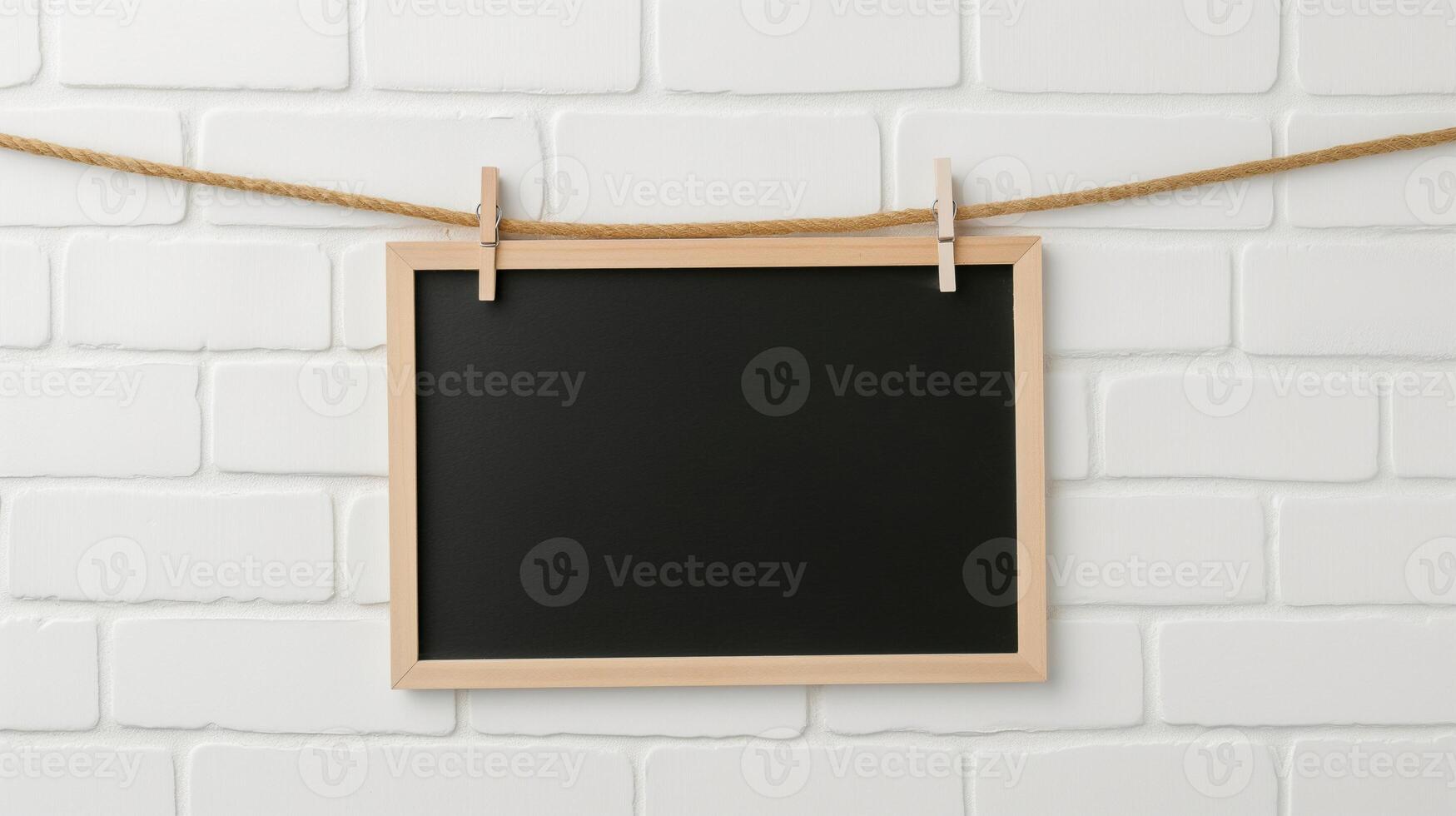 Framed blackboard mockup hanging on rope. School equipment for student teaching placard template advertising image. Vintage chalkboard mock up near brick wall product photorealistic photo