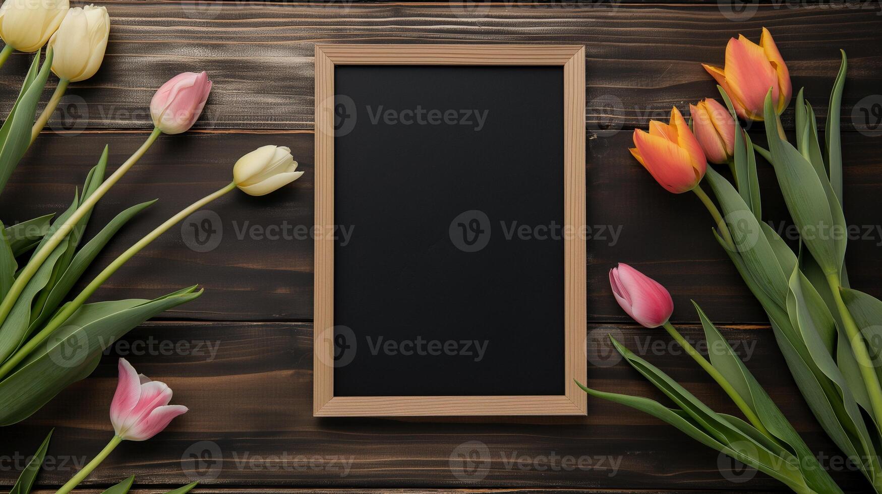 Pastel color tulips and vertical blackboard mockup on table. Festive floral flat lay with board template advertising image. Chalkboard mock up with flowers product photorealistic photo