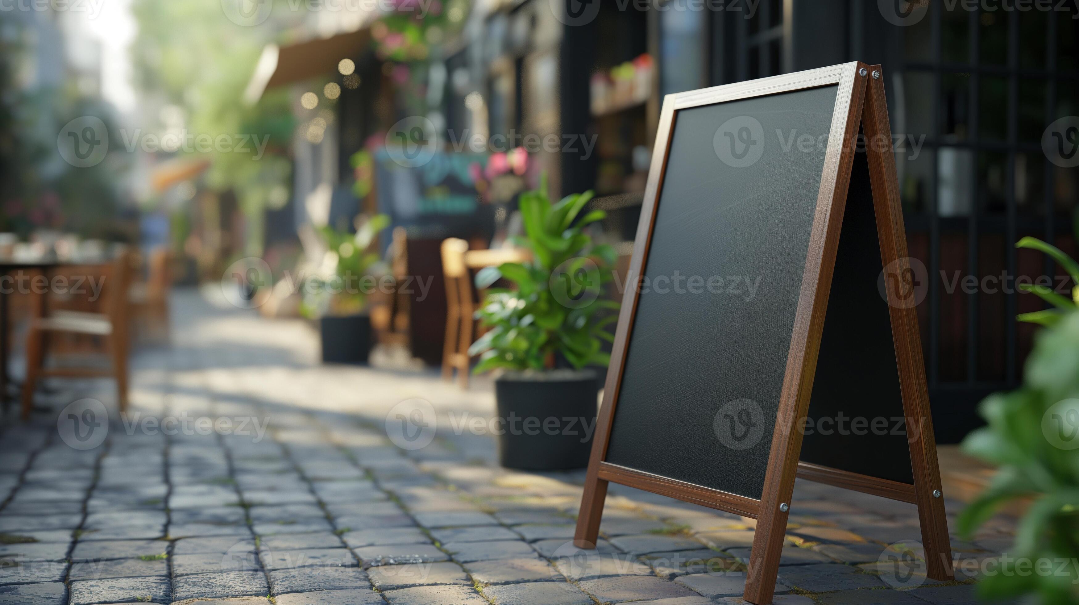 Folding blackboard sign mockup in street cafe Guest attraction Folding blackboard sign mockup in street cafe Guest attraction