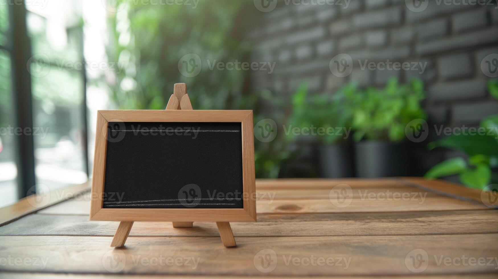 Small blackboard mockup on easel in office. Information presentation sign board template advertising image. Decorative chalkboard mock up in corporate environment product photorealistic photo