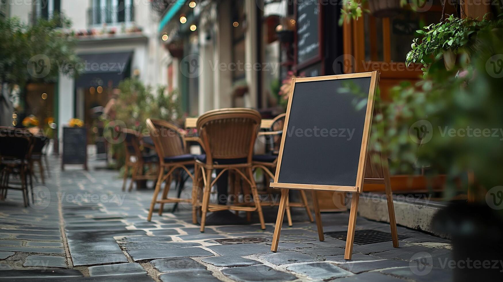 Blackboard mockup inviting guests to street cafe. Folding signboard near restaurant entrance template advertising image. Street cafe chalkboard mock up product photorealistic photo