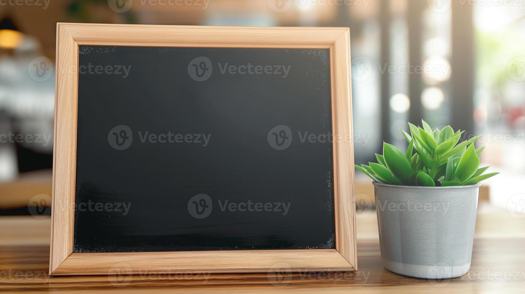 Small chalkboard mockup and potted plant on cafe table. Restaurant menu presentation on banner template advertising image. Notice blackboard mock up indoors product photorealistic photo