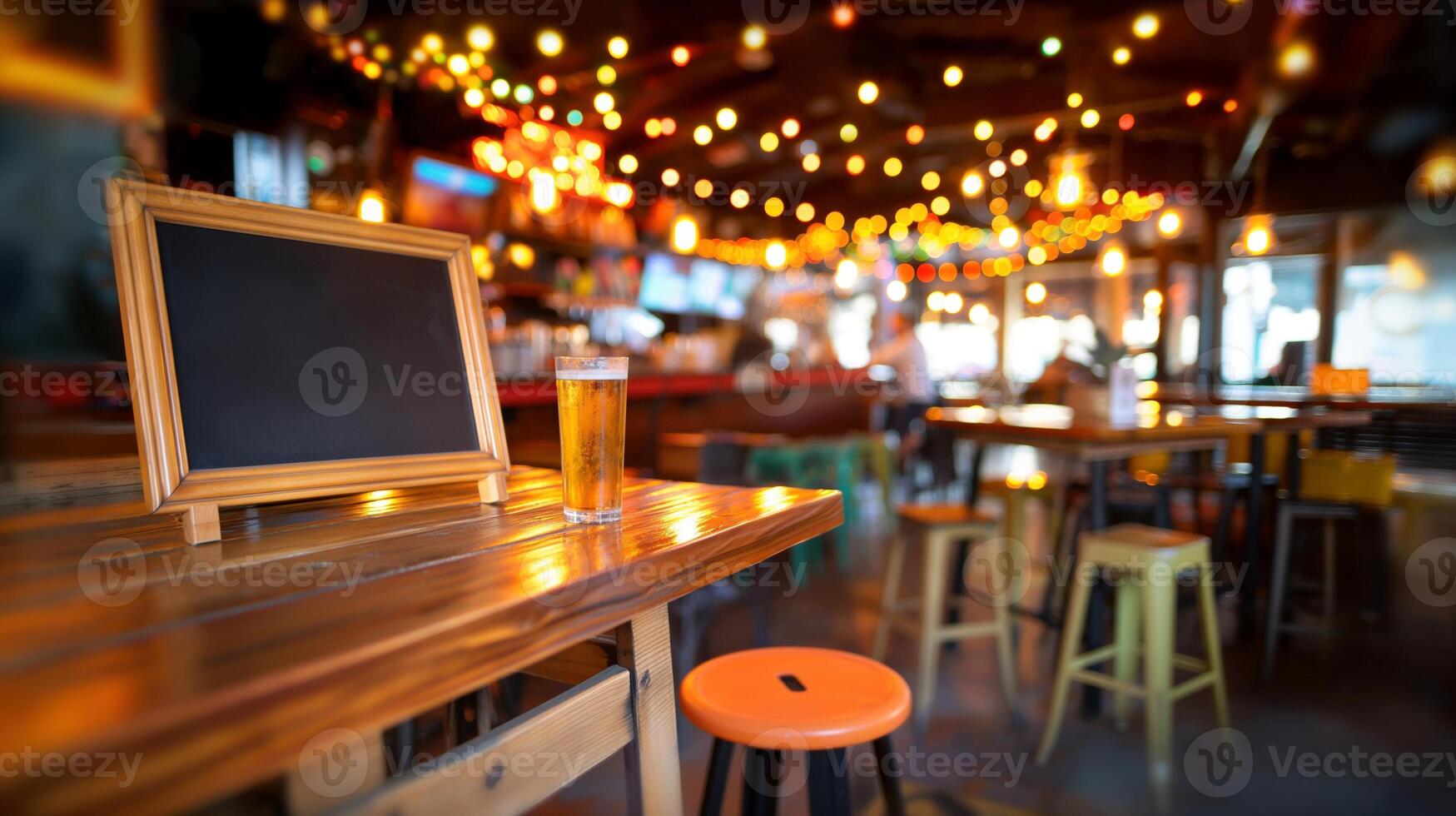 Blackboard mockup and beer glass on bar counter. Pub special offer signboard template advertising image. Framed chalkboard mock up in empty restaurant interior product photorealistic photo
