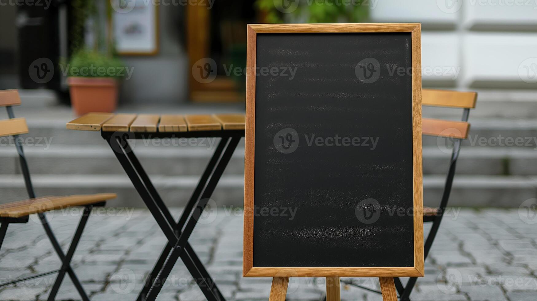 Chalkboard banner mockup near outdoor cafe table. Street restaurant menu presentation template advertising image. Blackboard signpost mock up in city product photorealistic photo