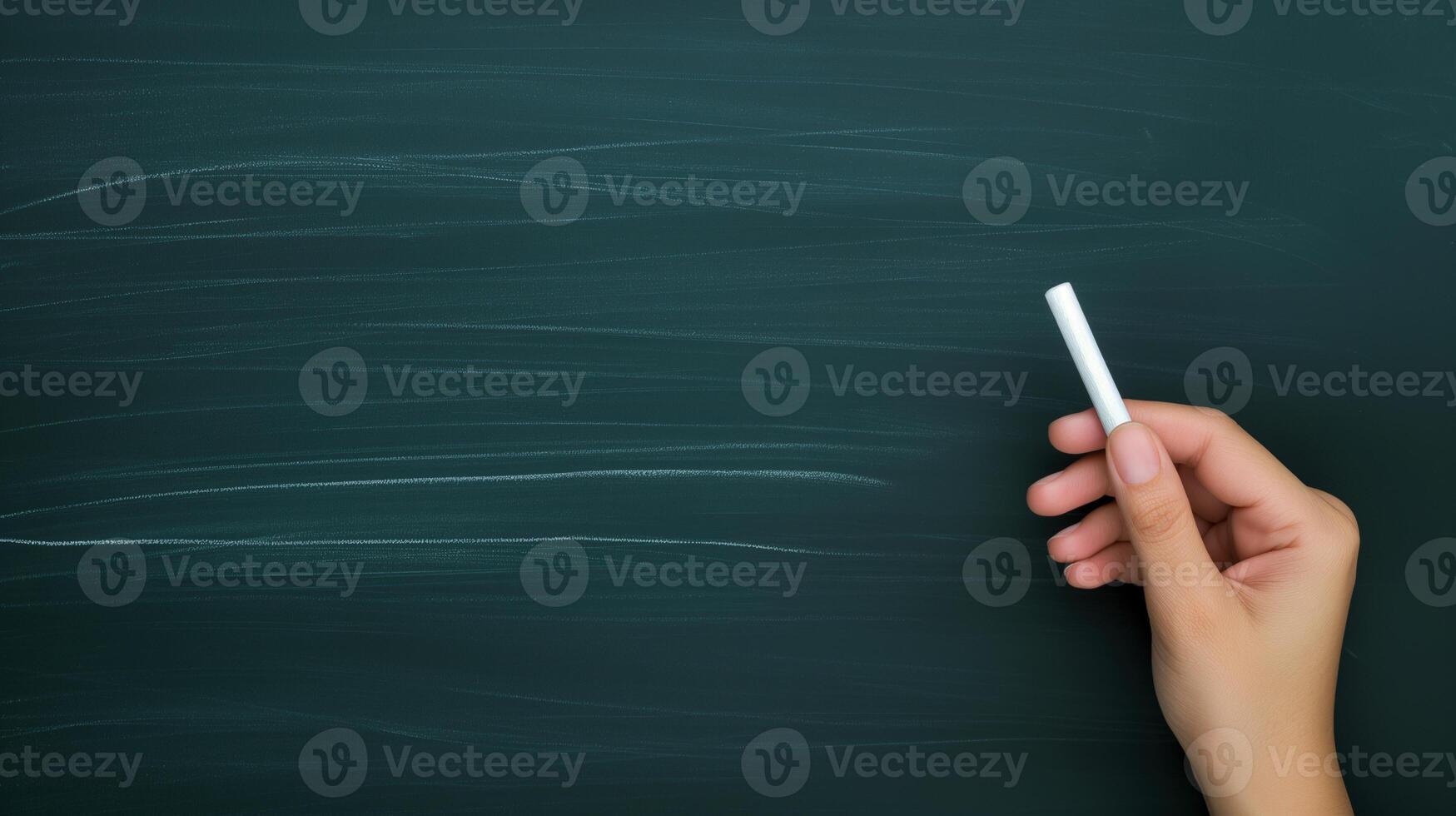 Female teacher hand writing on blank chalkboard banner background copy space. School education image backdrop empty. Green blackboard concept composition front view, copyspace photo