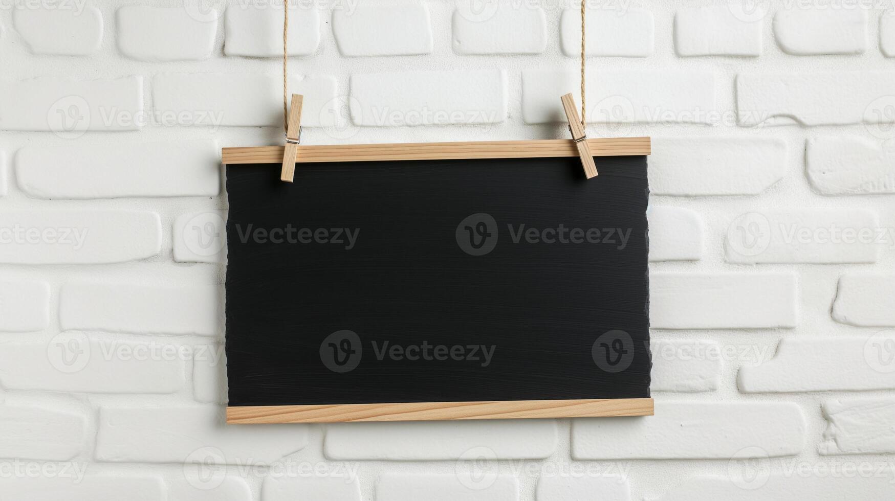 Chalkboard mockup hanging on ropes with clothespins. School classroom equipment template advertising image. Blackboard mock up near white brick wall product photorealistic photo