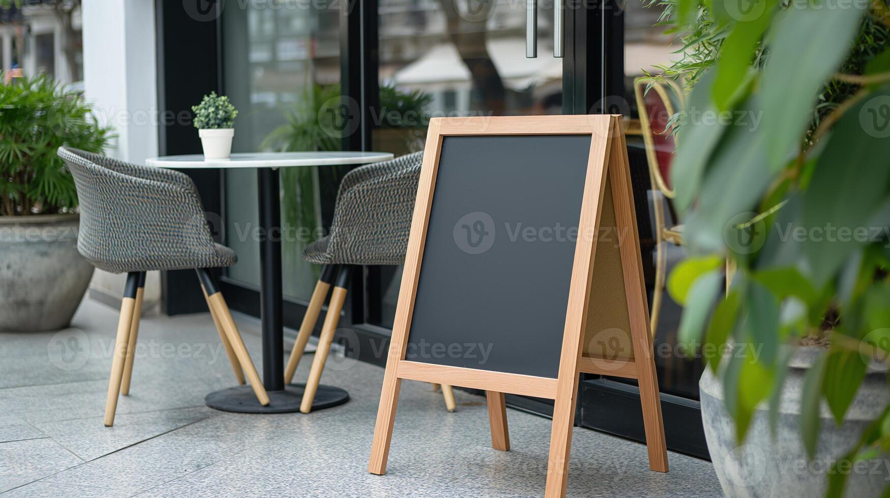 Folding chalkboard sign mockup near restaurant entrance. Menu in wooden frame outdoors template advertising image. Blackboard signpost mock up of cafe product photorealistic photo