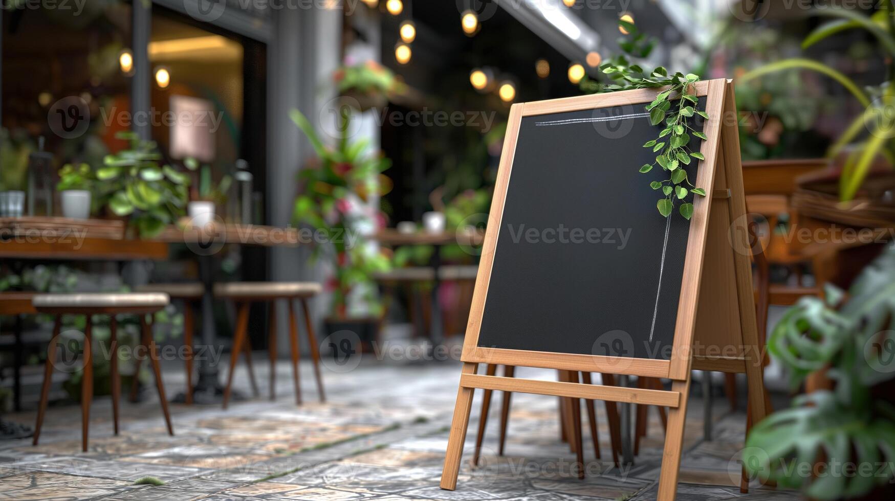 Blackboard mockup with green twig on cafe terrace. Menu presentation with folding board template advertising image. Street restaurant chalkboard mock up product photorealistic photo