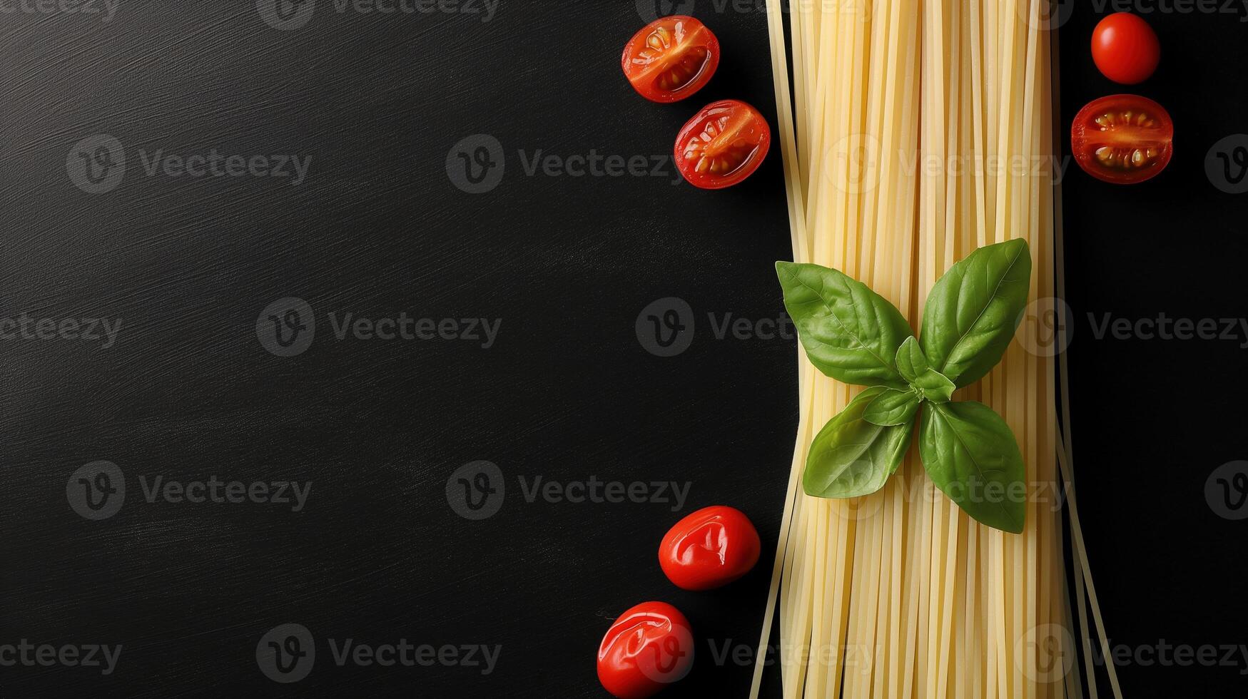 Spaghetti with tomatoes and basil frame banner background copy space. Italian cuisine cooking image backdrop empty. Healthy eating ingredients concept composition top view, copyspace photo